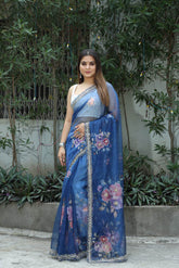 Floral Print Navy Blue Hand Made Organza Saree